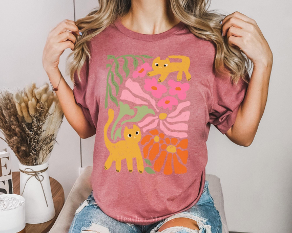 Cats Flowers Tshirt  Boho Wildflowers Tshirt  Boho Flowers Shirt  Floral Nature Shirt  Art Nouveau Cat Lover Shirt  Flowers Graphic T-Shirt