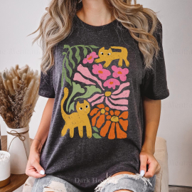 Cats Flowers Tshirt  Boho Wildflowers Tshirt  Boho Flowers Shirt  Floral Nature Shirt  Art Nouveau Cat Lover Shirt  Flowers Graphic T-Shirt