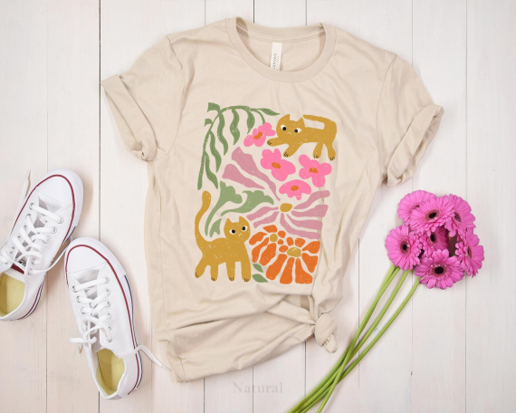 Cats Flowers Tshirt  Boho Wildflowers Tshirt  Boho Flowers Shirt  Floral Nature Shirt  Art Nouveau Cat Lover Shirt  Flowers Graphic T-Shirt
