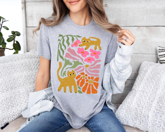 Cats Flowers Tshirt  Boho Wildflowers Tshirt  Boho Flowers Shirt  Floral Nature Shirt  Art Nouveau Cat Lover Shirt  Flowers Graphic T-Shirt