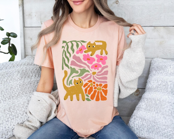 Cats Flowers Tshirt  Boho Wildflowers Tshirt  Boho Flowers Shirt  Floral Nature Shirt  Art Nouveau Cat Lover Shirt  Flowers Graphic T-Shirt
