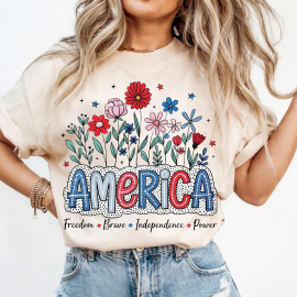 America Floral Shirt 4th of July | Patriotic Red White Blue Tee | Cute USA Flower Graphic Tee for Summer Holiday Celebration