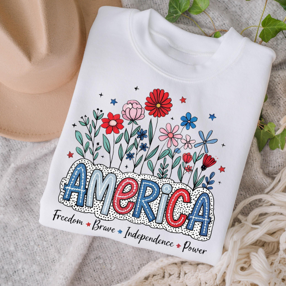 America Floral Shirt 4th of July | Patriotic Red White Blue Tee | Cute USA Flower Graphic Tee for Summer Holiday Celebration